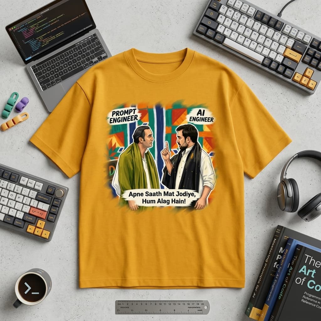 Apne Saath Mat Jodiye Meme T-Shirt | AI Engineer vs Prompt Engineer Funny Hindi Tech Unisex Oversized Tee - Golden Yellow (#FFA200) 3