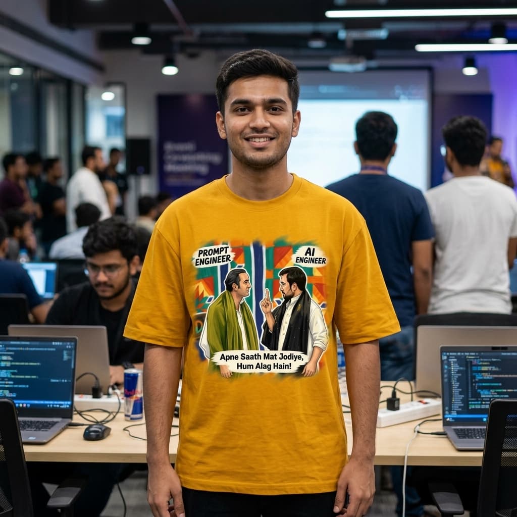 Apne Saath Mat Jodiye Meme T-Shirt | AI Engineer vs Prompt Engineer Funny Hindi Tech Unisex Oversized Tee - Golden Yellow (#FFA200) 1