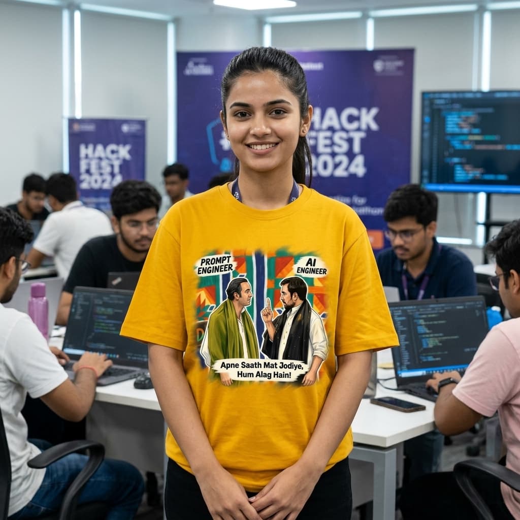 Apne Saath Mat Jodiye Meme T-Shirt | AI Engineer vs Prompt Engineer Funny Hindi Tech Unisex Oversized Tee - Golden Yellow (#FFA200) 2