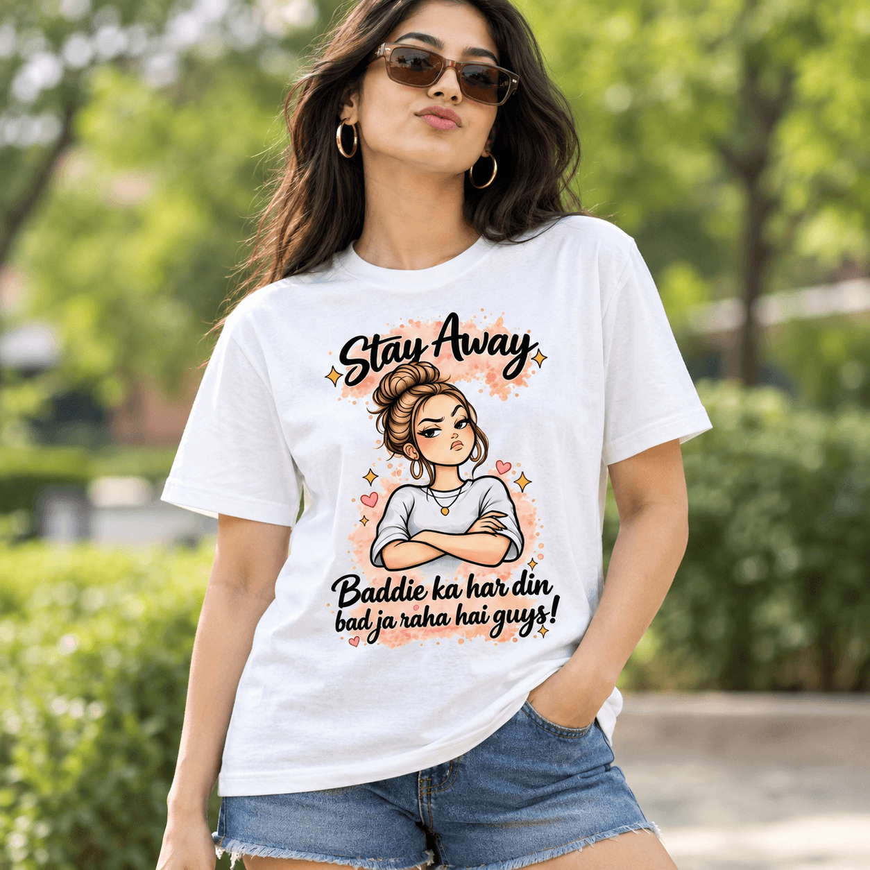 Stay Away Baddie Oversized Graphic T-Shirt for Women & Girls | Sassy Streetwear Tee India - White 1
