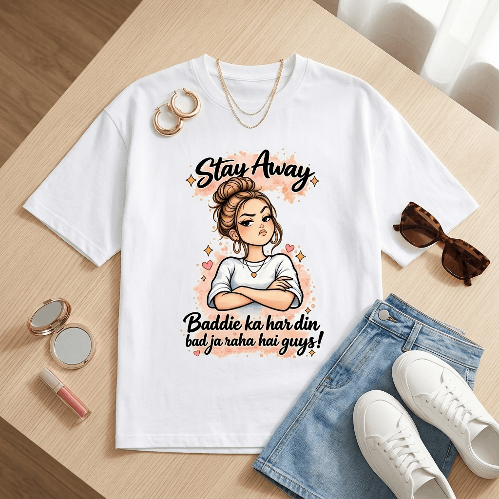 Stay Away Baddie Oversized Graphic T-Shirt for Women & Girls | Sassy Streetwear Tee India - White 2