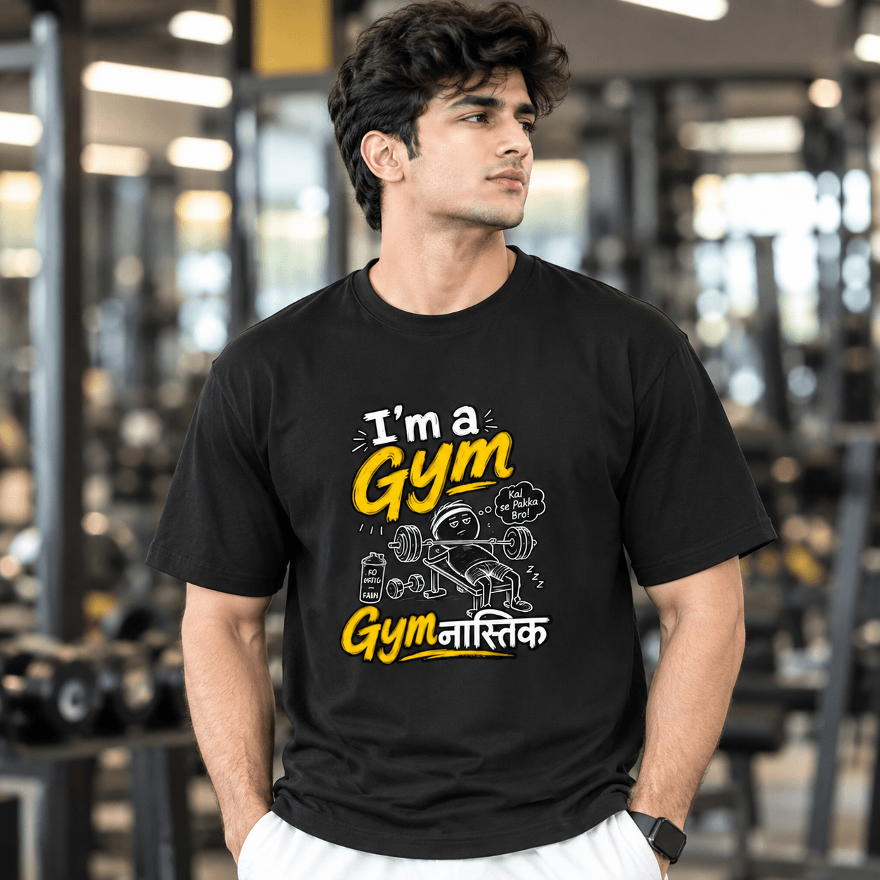 Gym "Gymनास्तिक" Funny Gym Meme Printed T-Shirt for Men Women | Kal Se Pakka Bro Cotton Regular Fit - Black (#000000) 1