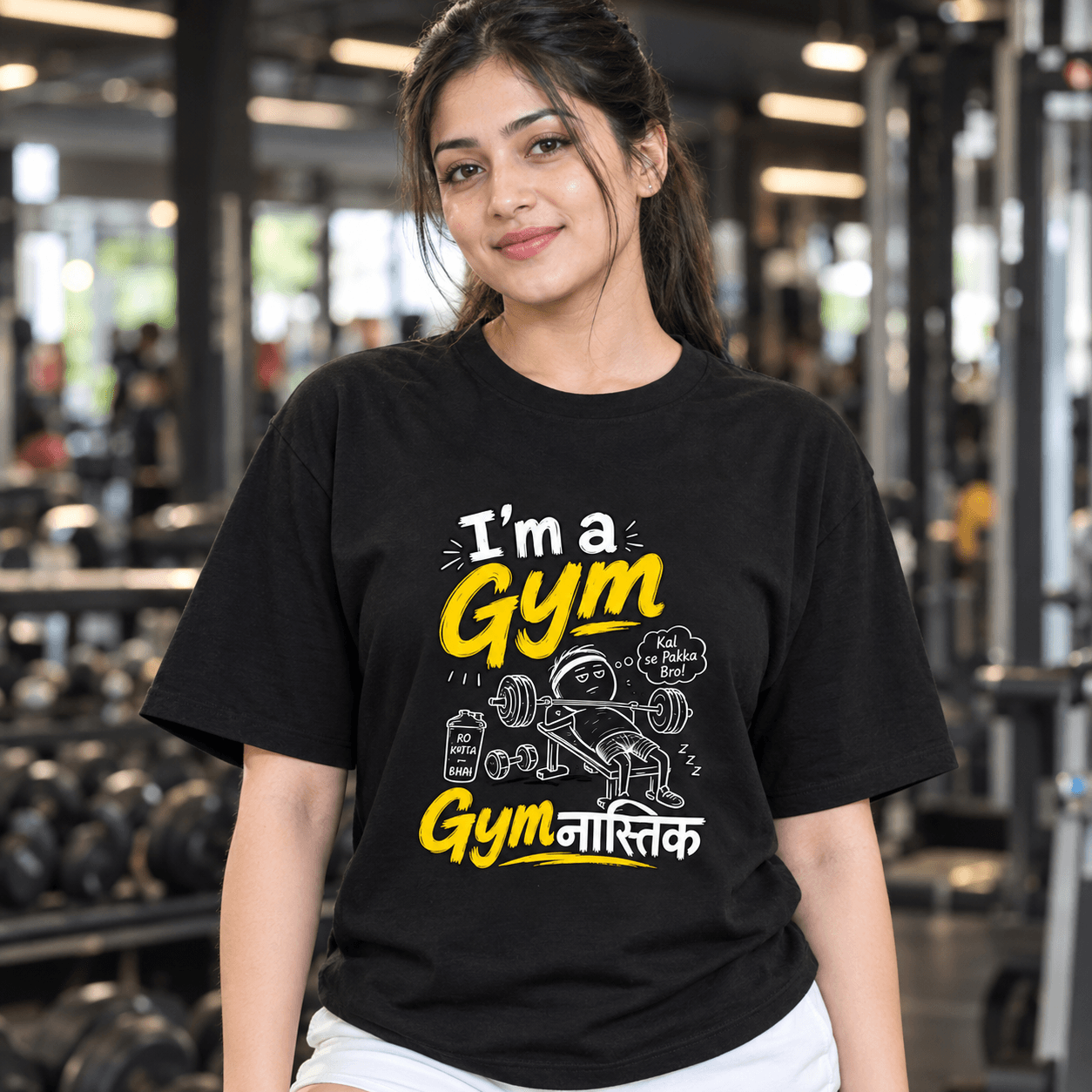 Gym "Gymनास्तिक" Funny Gym Meme Printed T-Shirt for Men Women | Kal Se Pakka Bro Cotton Regular Fit - Black (#000000) 2