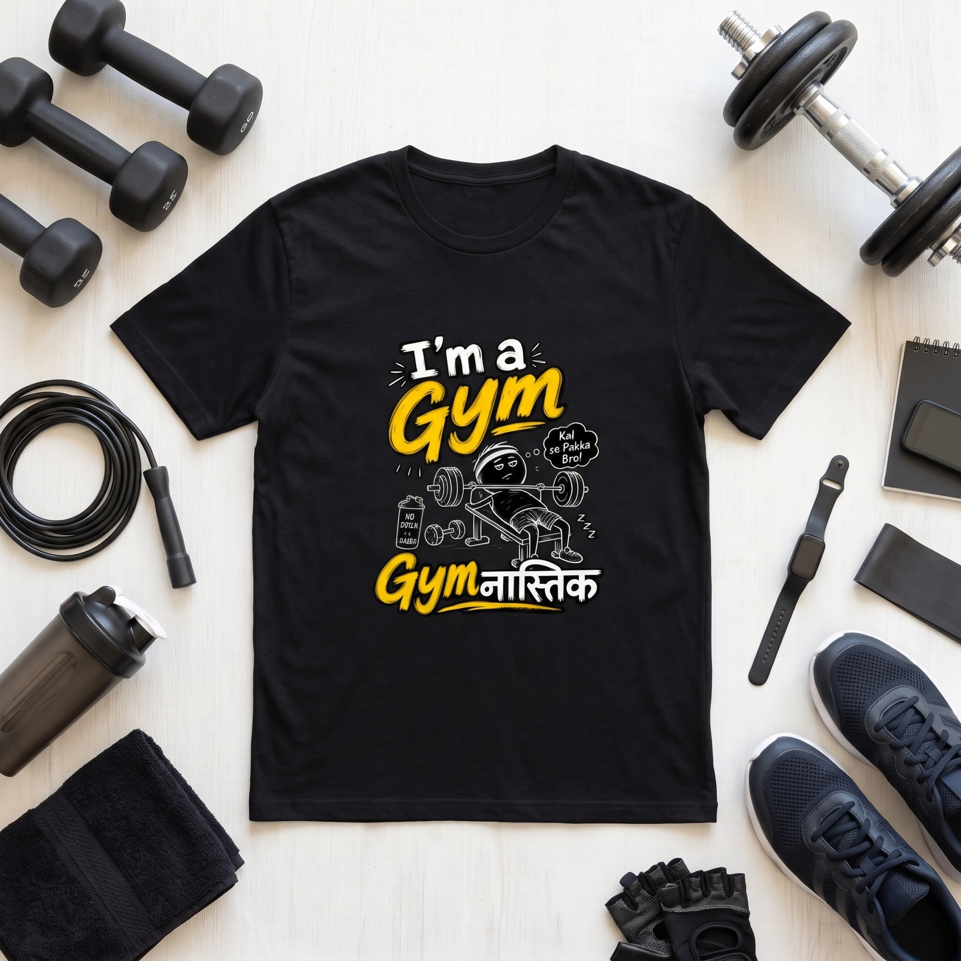 Gym "Gymनास्तिक" Funny Gym Meme Printed T-Shirt for Men Women | Kal Se Pakka Bro Cotton Regular Fit - Black (#000000) 3